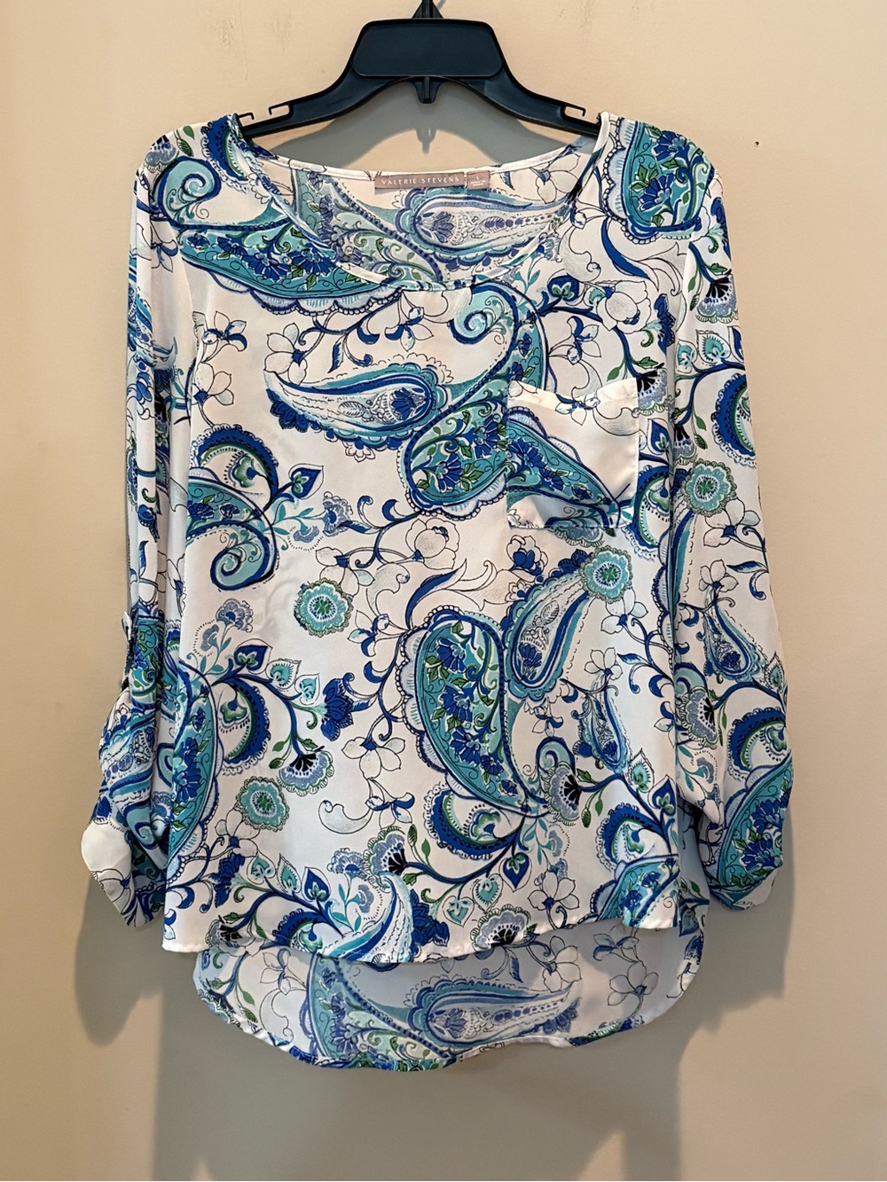 Valerie Stevens Blue & White Paisley Roll-Tab Blouse